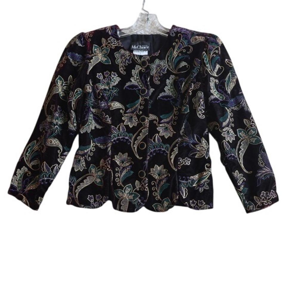Vintage Ms Choice California Velvet Paisley Blazer Petite 6 Metallic Scalloped